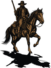Naklejka premium Cowboy Riding Horse Desert Sunset