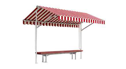 Striped red and white awning shelter with a bench underneath