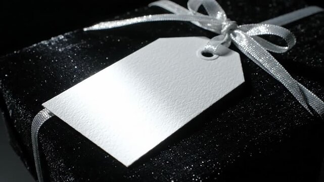 Elegant black gift box with silver ribbon and blank tag ready for personalization