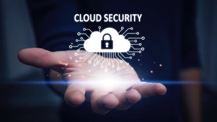 Cloud Security Infrastructure: Person presenting glowing cloud padlock icon for encrypted database and network protection