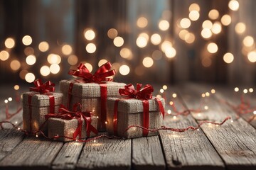 Rustic Holiday Gifts with Twinkling Bokeh Lights