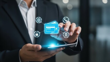 Digital Wallet Transaction: Businessman using smartphone with glowing credit card and secure payment icons for fintech