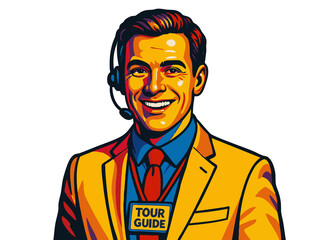 friendly tour guide with headset and name badge, representing travel services, guided tours, and customer support in tourism. Generative ai raster colorful pop art illustration.