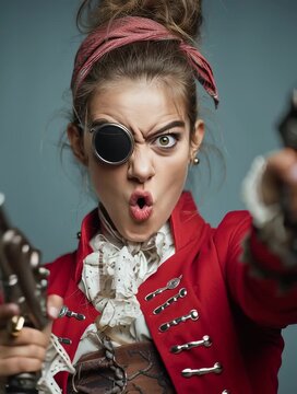 Una pirata con un parche en el ojo y dos pistolas, posando con una expresi&oacute;n exagerada.