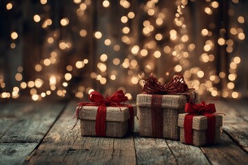 Holiday Gifts on Rustic Wood with Warm Bokeh Background