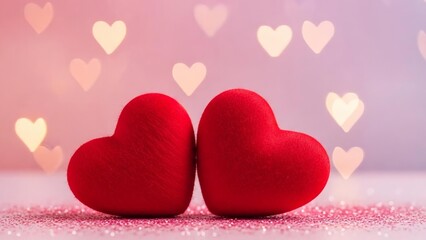 Two red hearts symbolizing love and romance, with a bokeh background of blurred lights