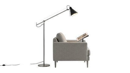 Side view of a sculptural floor reading lamp with an adjustable arm over a chair isolated on white background