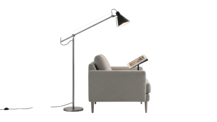 Side view of a sculptural floor reading lamp with an adjustable arm over a chair isolated on white background