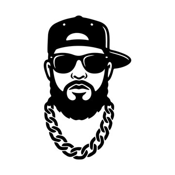 A cool black and white vector logo of a male rapper wearing a baseball cap, sunglasses, and thick gold chain, symbolizing hip-hop culture and music.