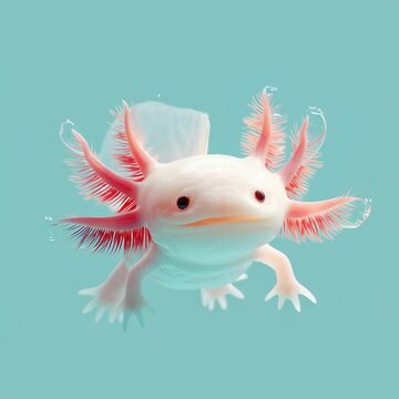 Una imagen de primer plano de un ajolote nadando en un fondo azul turquesa.