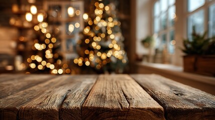 Rustic Wood Table with Christmas Bokeh Lights Background