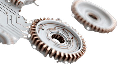 Intricate mechanical components and circuitry, appearing suspended and illuminated