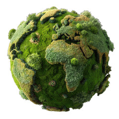 A lush, green, moss-covered miniature globe displays continents