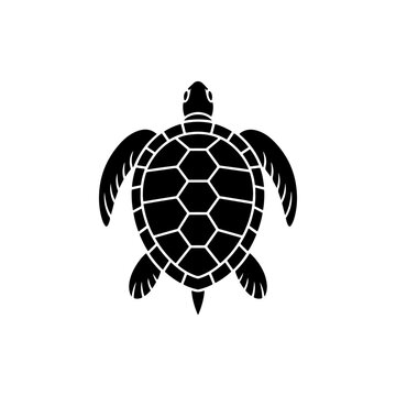 A striking black and white vector icon of a sea turtle viewed from above, featuring a hexagonal pattern on its shell, symbolizing nature, slow movement, and conservation.