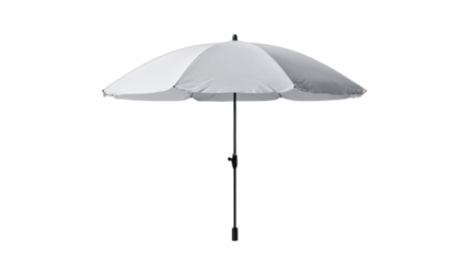 A light-colored, open umbrella with a black pole against a black background