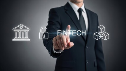 Fintech Banking Solution: Businessman touching digital interface with bank and blockchain icons for modern financial services