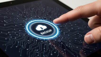 Cloud Data Backup: Finger pressing digital tablet screen with glowing cloud and circular circuit board icons
