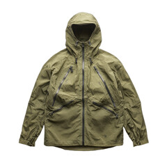 Olive green hooded jacket with multiple zippered pockets and adjustable hem