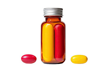 Amber bottle with red and yellow capsules, two loose on black background