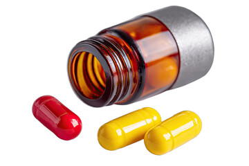 Amber bottle with two capsules and one red capsule on a black background