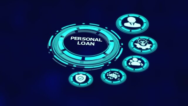 Personal loan finance concept with digital banking interface, credit approval icons and consumer lending management system.