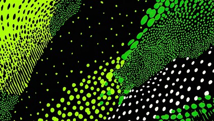 Abstract composition with patterns of dots in varied sizes and green hues on a black backdrop
