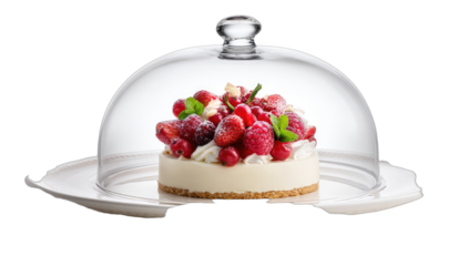 Creamy dessert topped with fresh berries and mint, under a glass dome