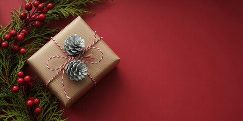 Christmas Gift Wrapped in Brown Paper with Pinecones on Red Background
