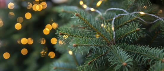 Christmas Tree Lights with Evergreen Branches and Festive Holiday Glow, Christmas Background