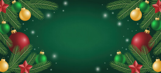 Christmas Holiday Green Background with Pine Branches and Ornaments