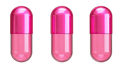 Three glossy pink and transparent medicinal capsules, arranged horizontally