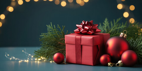 Red Christmas Gift Box with Ornaments and Festive Lights on Dark Background