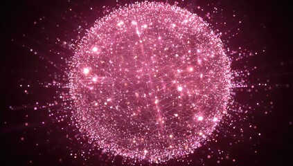 A glowing sphere, network of points, with lines, radiating light, in magenta on black