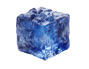 A cubic, translucent deep blue crystalline structure with textured surfaces