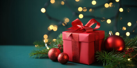 Red Christmas Gift Box with Ornaments and Festive Lights on Dark Background