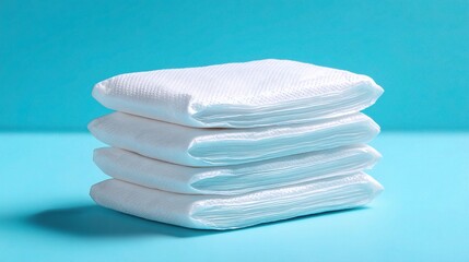 Soft Cloud: A stack of four pristine, folded, soft and fluffy tissues presents on turquoise canvas, showcasing minimalist charm and pure cleanliness.