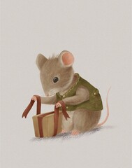 Vintage illustration of a mouse animal opening a gift box, holiday card