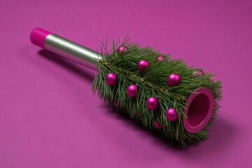 Creative Christmas Paint Roller Decorated with Pine Needles and Pink Ornaments