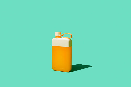 Refillable bottle with orange liquid on mint green background
