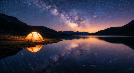 Spectacular panoramic view of a glowing camping tent under stars long exposure, perfectly reflected in a calm mountain lake with the Milky Way and circular star trails in the night sky