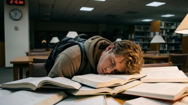 Young man sleeping on stack of books at library table during late night study in different positions. Overworked student taking a nap.