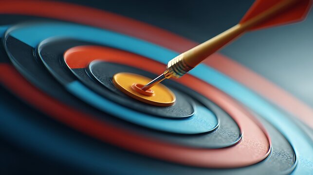 Awesome photo of 3D illustration of a vibrant target with a red dart hitting the golden bullseye center.