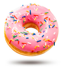 Sweet strawberry glazed donuts with sprinkles floating on white background, Delicious colorful donuts isolated on white background High resolution photography, With clipping path.