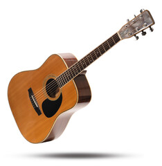 Acoustic guitar with a light wooden body isolated on white background, Classic acoustic guitar on white background with work path.