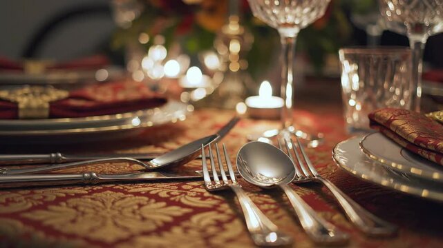 Elegant Table Setting Illuminated by Warm Candlelight for a Celebratory Feast