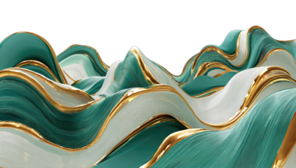 Flowing abstract waves of turquoise, white, and gold, textured with parallel lines