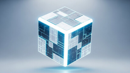 Glowing blue cube with futuristic digital pattern floating in modern space