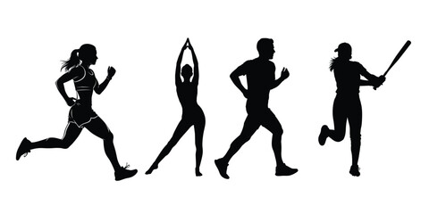 Silhouettes of people engaging in various sports and fitness activities