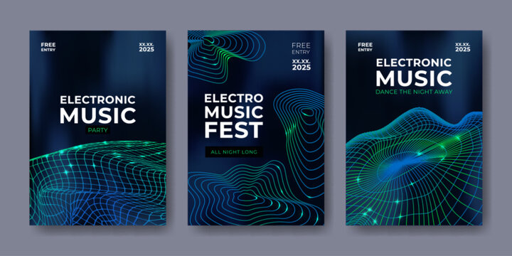 Electro music poster with abstract sound wave design and vibrant gradient background. Dynamic festival flyer template with geometric lines and neon mesh, net for concert, party or DJ event promotion. - Powered by Adobe