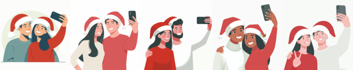 vector couple taking selfie together at Christmas